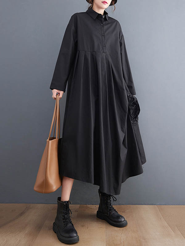 xakxx Urban Floral Applique Pleated Long Sleeves Shirt Dress Midi Dress