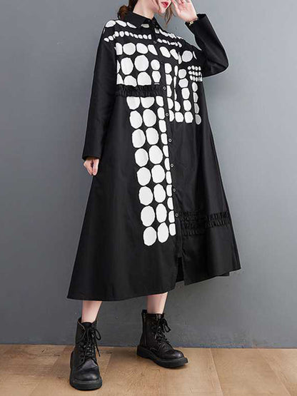 xakxx A-Line Long Sleeves Asymmetric Buttoned Polka-Dot Lapel Midi Dresses