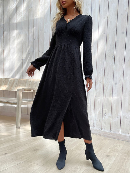 xakxx A-Line Long Sleeves Buttoned Elasticity Solid Color Split-Side V-Neck Midi Dresses