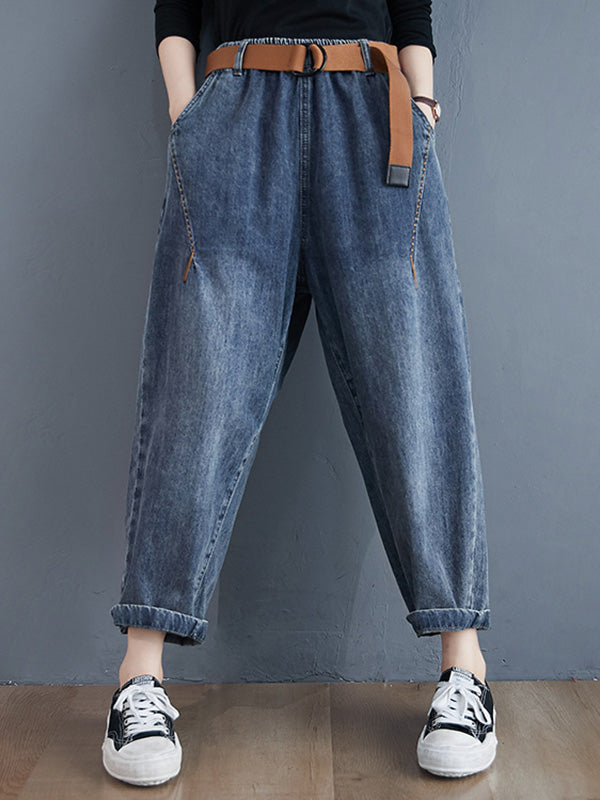 xakxx Artistic Retro Loose Velvet Elasticity Belted Jean Pants