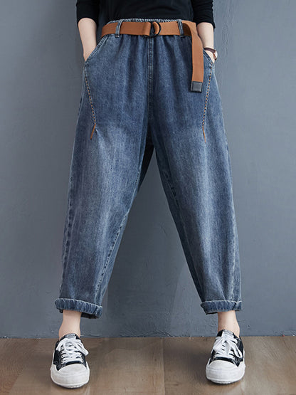 xakxx Artistic Retro Loose Velvet Elasticity Belted Jean Pants