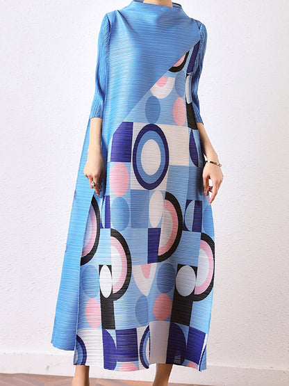 xakxx Fashion Loose Geometric Printed Pleated Midi Dress