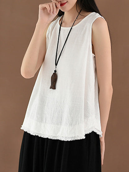 xakxx Loose Sleeveless Fringed Solid Color Round-Neck Vest Top