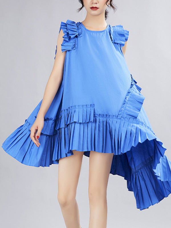 xakxx Flying Sleeves Loose Asymmetric Pleated Solid Color Split-Joint Round-Neck Midi Dresses