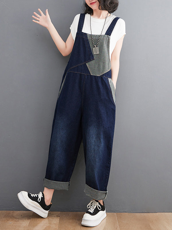 xakxx Casual Denim Contrast Color Split-Joint Overalls