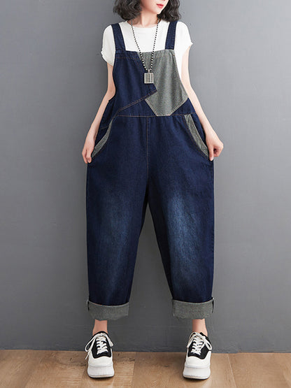 xakxx Casual Denim Contrast Color Split-Joint Overalls