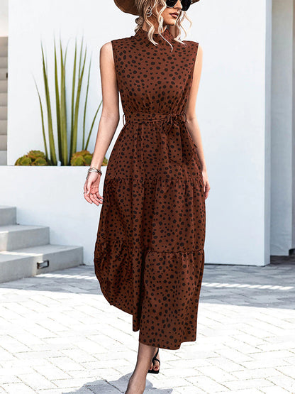 xakxx Casual Loose Sleeveless Tied Contrast Color Polka-Dot Stand Collar Maxi Dresses