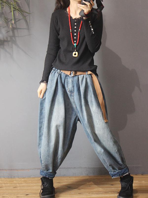 xakxx Vintage Denim Loose Elastic Waist Bloomers Pants