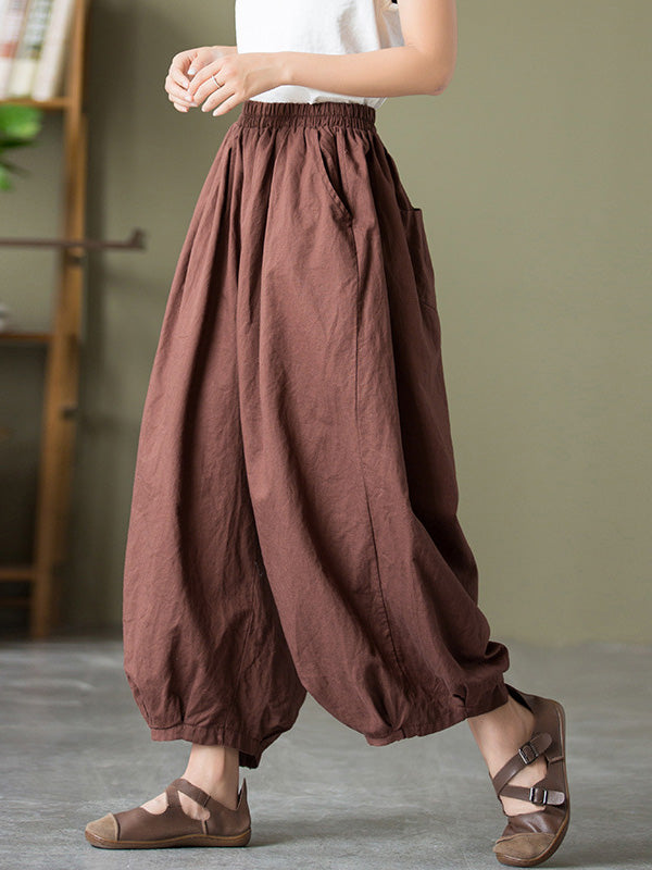 xakxx Simple Loose Linen Solid Color Pleated Drawstring Wide Legs Knickerbockers