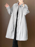 xakxx Long Sleeves Loose Pleated Quilted Solid Color Zipper Asymmetric Collar Padded Coat