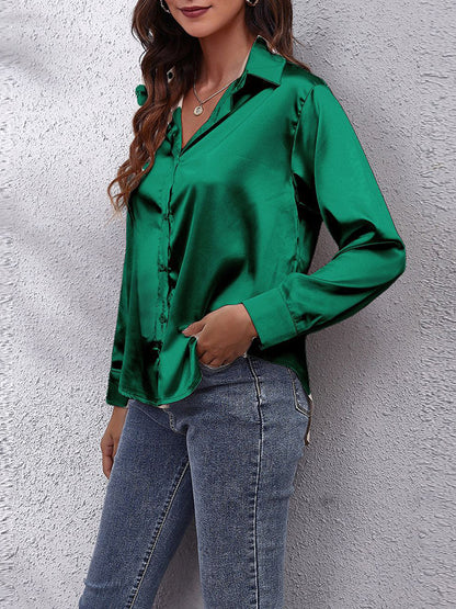 xakxx Long Sleeves Loose Solid Color Lapel Blouses&Shirts Tops