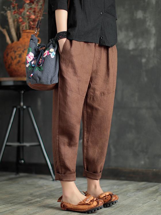 xakxx Loose Elastic Waist Ramie Cotton Pants