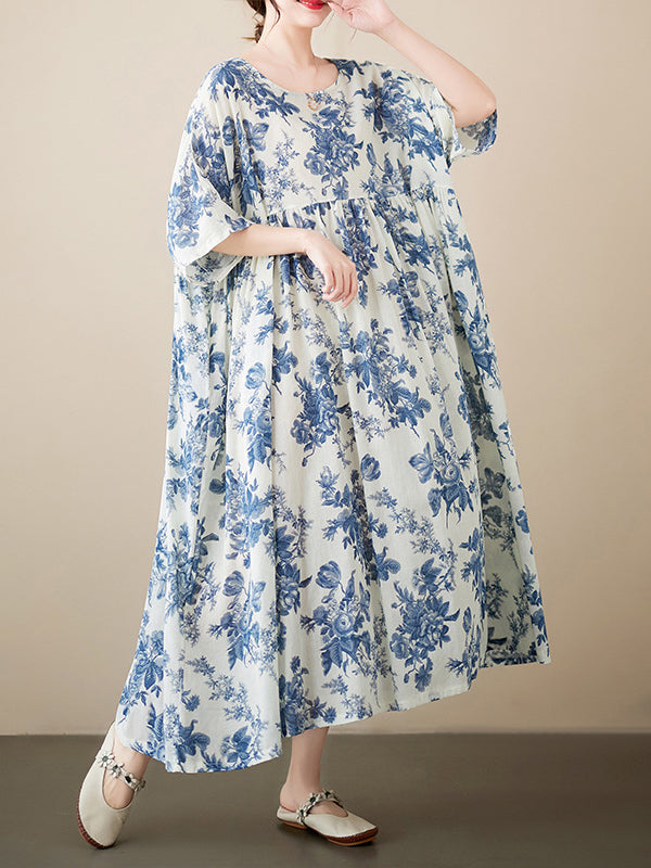 xakxx Loose Short Sleeves Floral Printed Pleated Split-Joint Round-Neck Midi Dresses