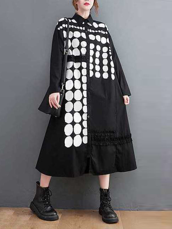 xakxx A-Line Long Sleeves Asymmetric Buttoned Polka-Dot Lapel Midi Dresses