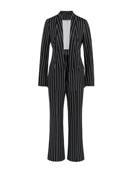 xakxx Long Sleeves Striped Lapel Blazer Top + Wide Leg Pants Bottom Two Pieces Set