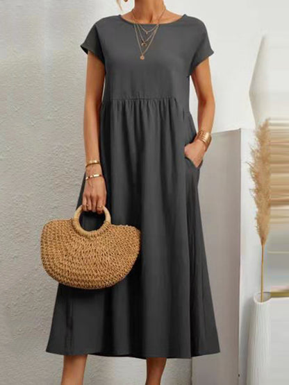 xakxx 11 Colors Simple Round-Neck Solid Color Midi Dress