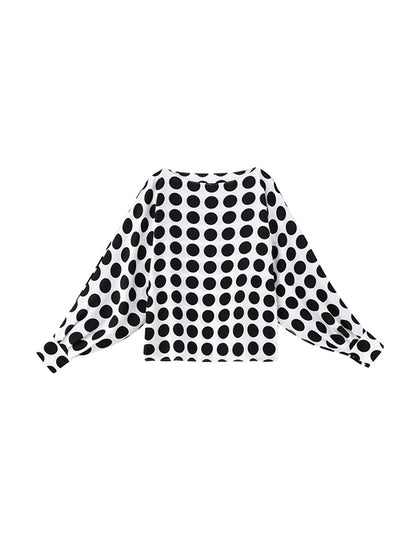 xakxx Long Sleeves Loose Polka-Dot Round-Neck Blouses&Shirts Tops