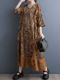 xakxx A-Line Batwing Sleeves Ruffled Split-Joint Zebra-Stripe V-Neck Midi Dresses