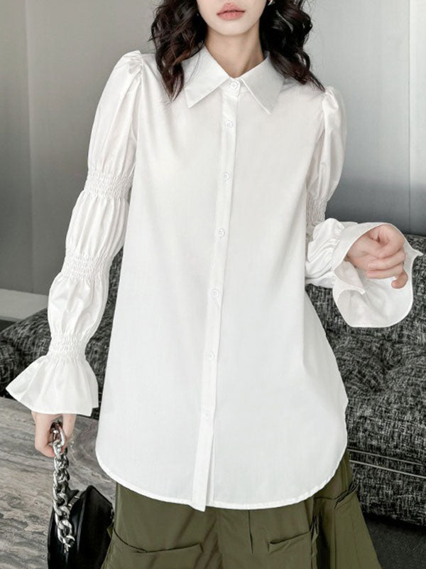 xakxx Puff Sleeves Pleated Solid Color Split-Joint Lapel Blouses