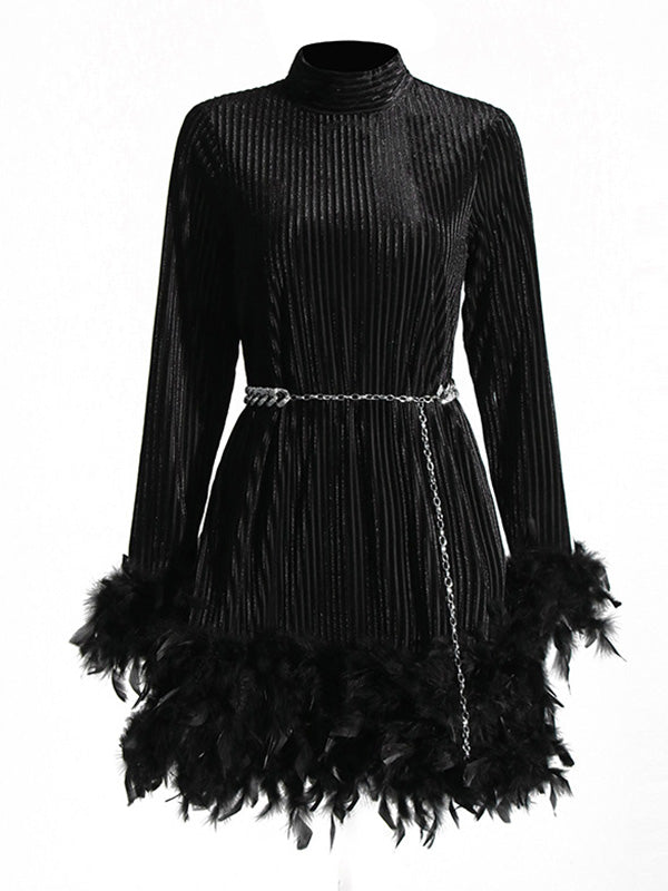 xakxx A-Line Long Sleeves Chains Feathers Solid Color Velvet Stand Collar Mini Dresses