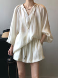 xakxx Loose Solid Color Split-Joint Sun Protection Tied V-Neck Long Sleeves Top + Shorts Two Pieces Set