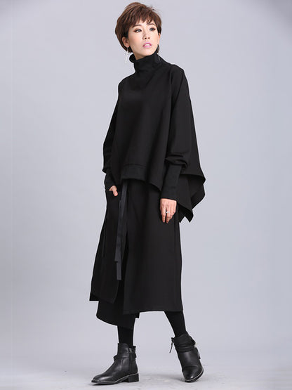 xakxx Solid Color Asymmetric High-Neck Loose Batwing Sleeve Sweatshirt