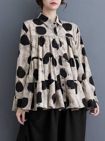 xakxx Long Sleeves Loose Pleated Polka-Dot Split-Joint Lapel Blouses