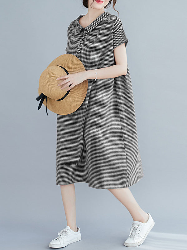 xakxx Artistic Retro Loose Plaid Buttoned Lapel Collar Midi Dress