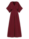 xakxx Simple Solid Color V-Neck Half Sleeves Wide Leg Jumpsuits