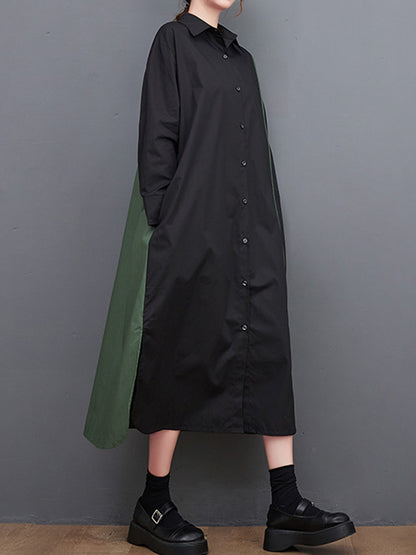 xakxx Long Sleeves Loose Asymmetric Buttoned Split-Joint Split-Side Lapel Midi Dresses Shirt Dress