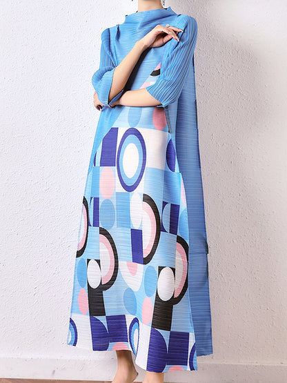 xakxx Fashion Loose Geometric Printed Pleated Midi Dress