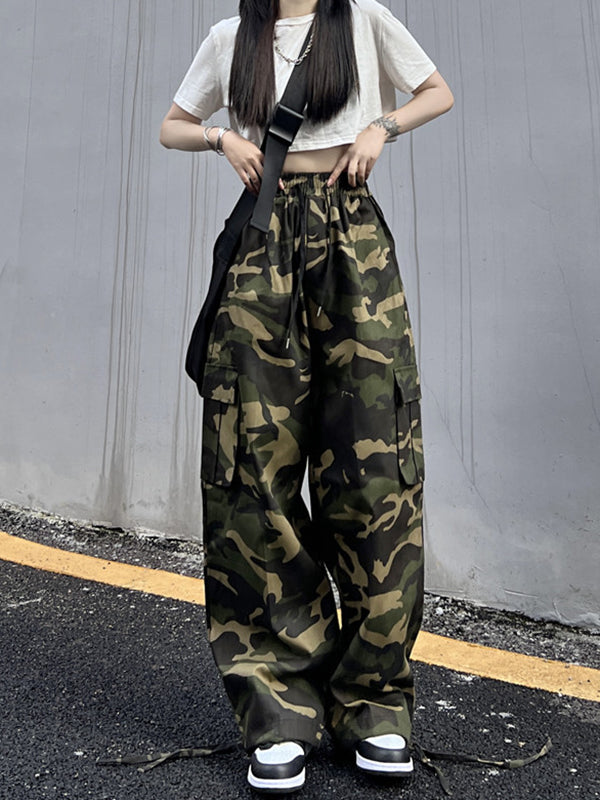 xakxx Hip-Hop Wide Leg Drawstring Camouflage  Pants