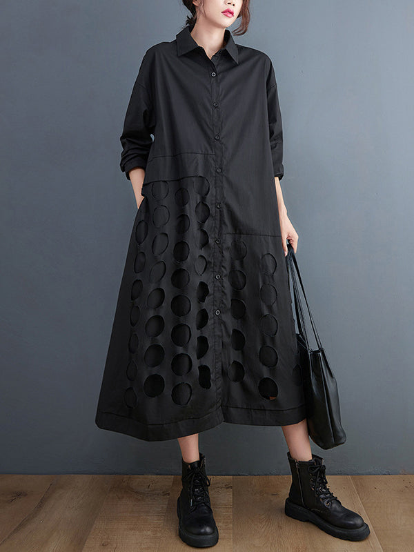 xakxx A-Line Long Sleeves Asymmetric Hollow Polka-Dot Solid Color Lapel Midi Dresses