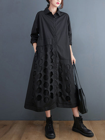 xakxx A-Line Long Sleeves Asymmetric Hollow Polka-Dot Solid Color Lapel Midi Dresses