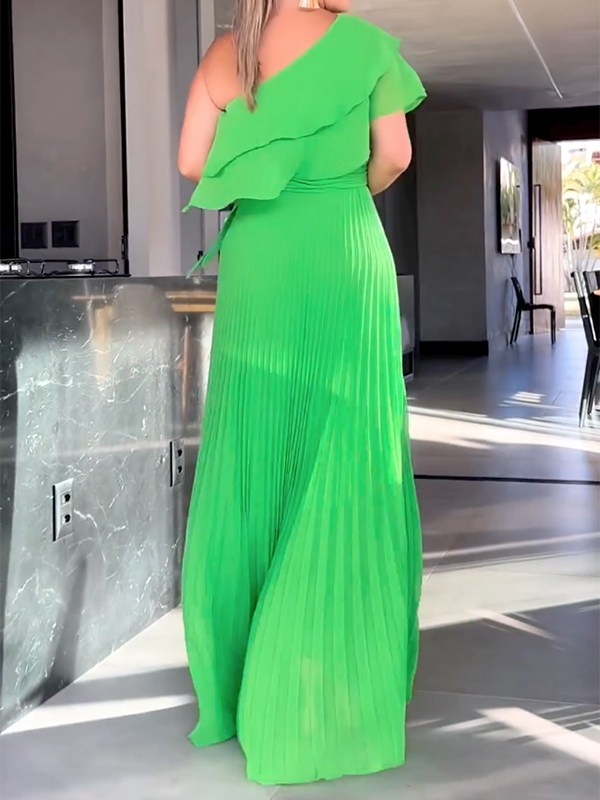 xakxx Loose Asymmetric Plain Pleated One-Shoulder Maxi Dresses