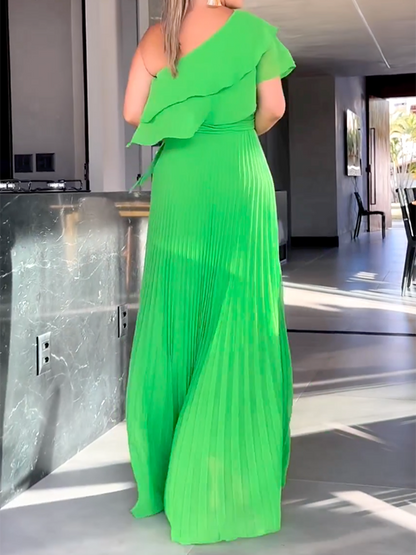 xakxx Loose Asymmetric Plain Pleated One-Shoulder Maxi Dresses