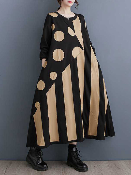 xakxx A-Line Long Sleeves Asymmetric Polka-Dot Split-Joint Striped Round-Neck Midi Dresses