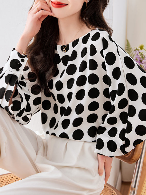 xakxx Long Sleeves Loose Polka-Dot Round-Neck Blouses&Shirts Tops