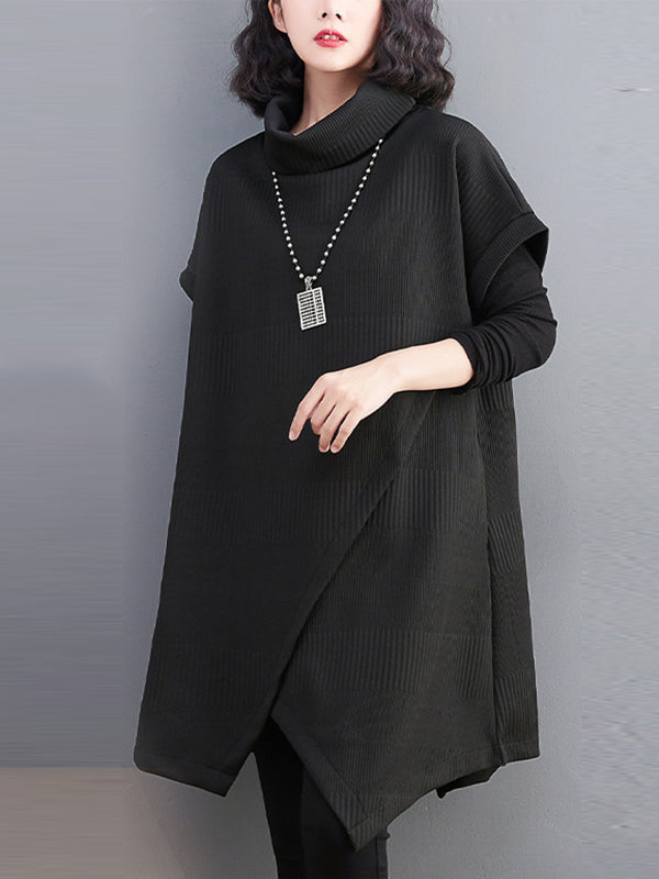 xakxx Short Sleeves Asymmetric Solid Color Split-Front High-Neck Knitwear Mini Dresses