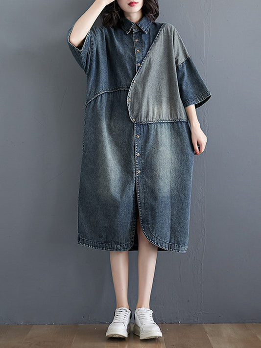 xakxx Denim Split-Joint Plus Size Half Sleeve Lapel Shirt Dress