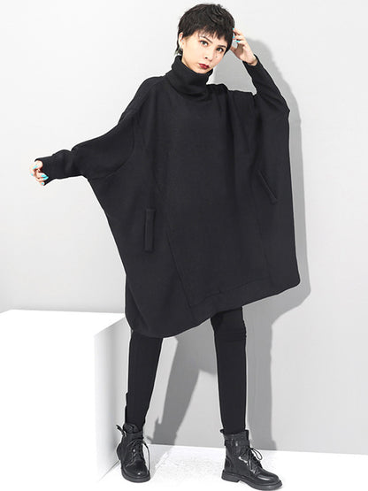 xakxx Super Loose Black High-Neck Knitting Batwing Sleeves Sweater Dress