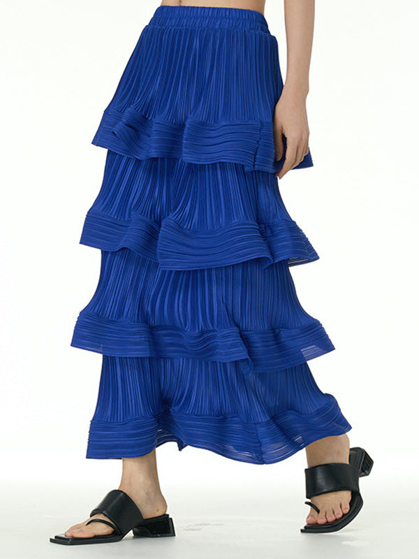 xakxx Loose Elasticity Layered Pleated Ruffled Solid Color Skirts Bottoms