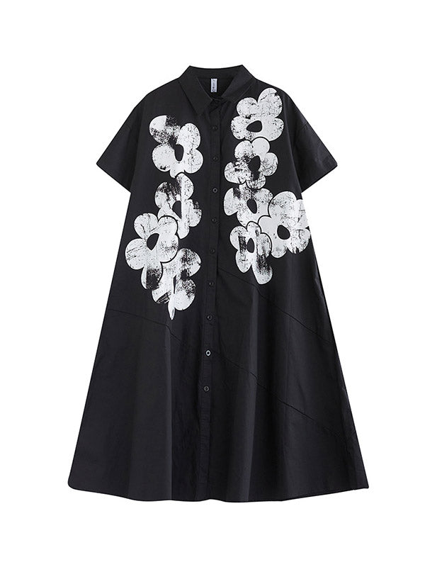 xakxx A-Line Loose Asymmetric Buttoned Flower Print Lapel Midi Dresses Shirt Dress