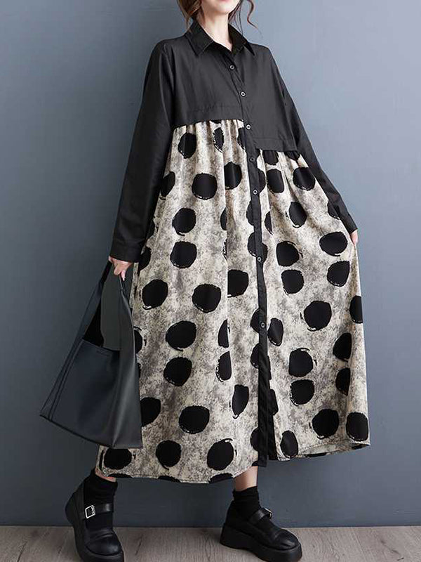 xakxx A-Line Long Sleeves Asymmetric Buttoned Polka-Dot Split-Joint Lapel Midi Dresses Shirt Dress