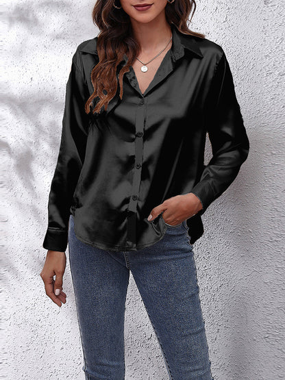 xakxx Long Sleeves Loose Solid Color Lapel Blouses&Shirts Tops