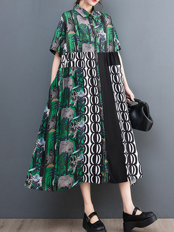 xakxx Short Sleeves Loose Printed Split-Joint Lapel Midi Dresses Shirt Dress