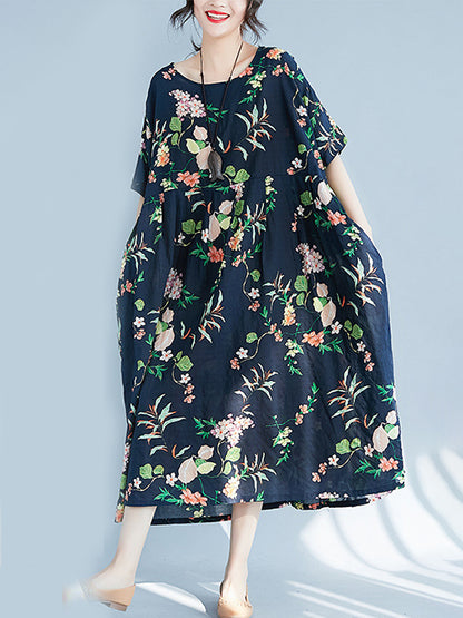 xakxx A-Line Loose Flower Print Round-Neck Midi Dresses