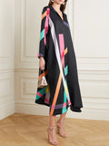 xakxx Stylish Irregularity Long Sleeves Contrast Color Striped V-Neck Midi Dresses