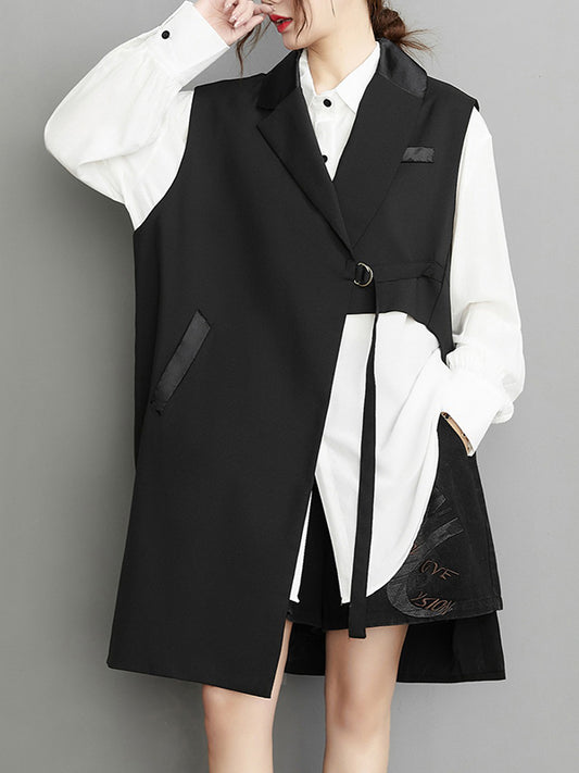 xakxx Sleeveless Asymmetric Pockets Tied Notched Collar Vest Outerwear