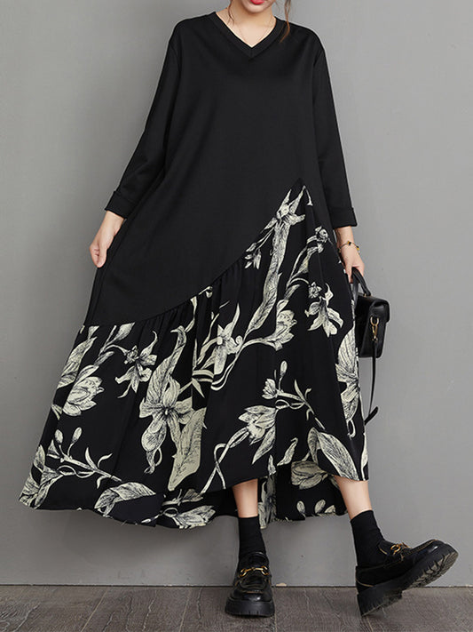 xakxx A-Line High-Low Asymmetric Flower Print Split-Joint V-Neck Midi Dresses